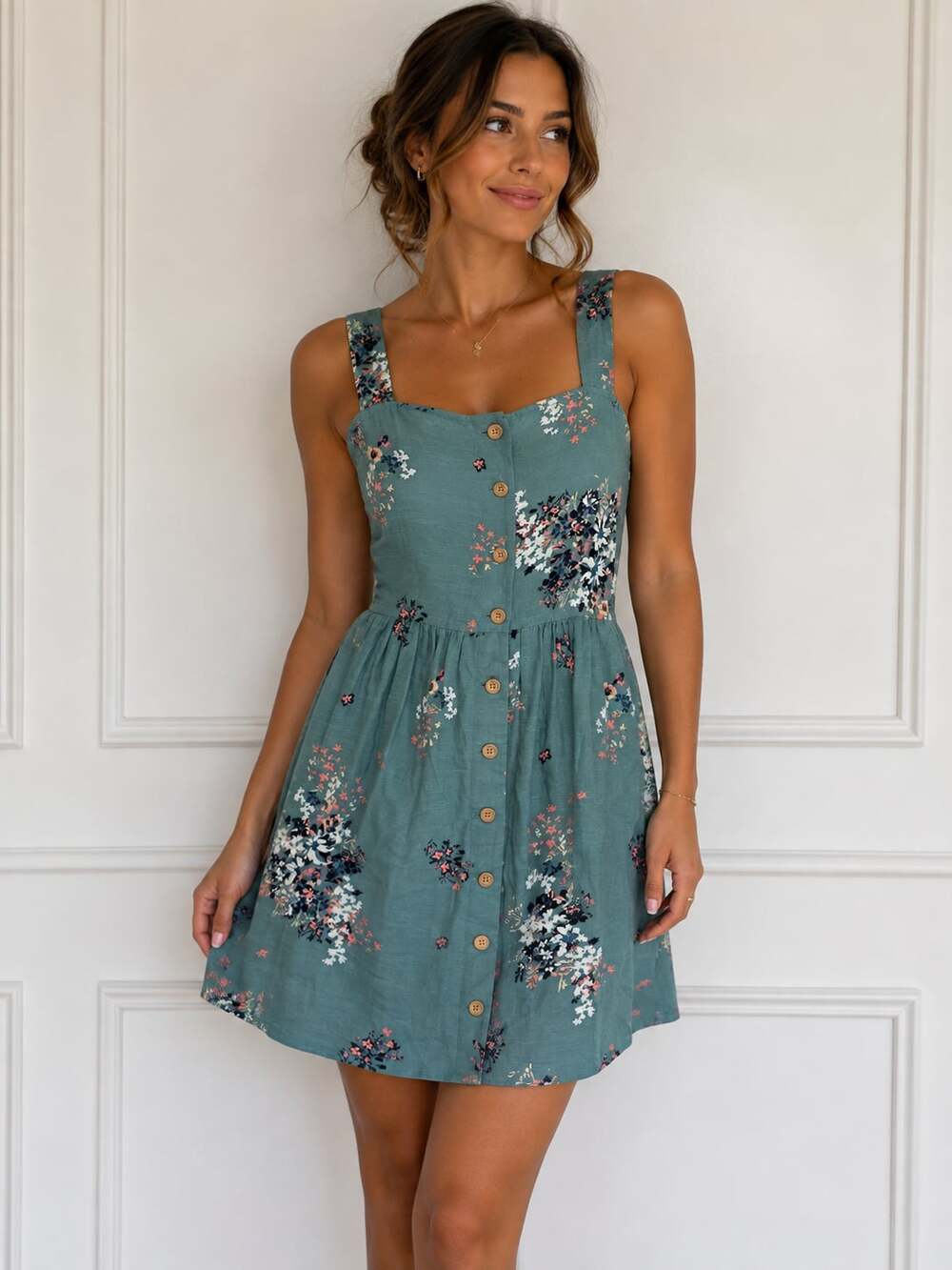 True Craft Teal Floral Button-Front Smocked Mini Dress Size S